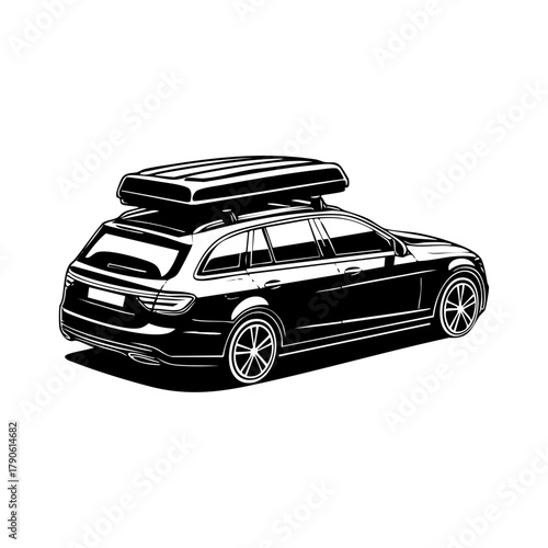 Modern station wagon car with roof cargo box, representing road trips, family travel, and outdoor adventure transportation.