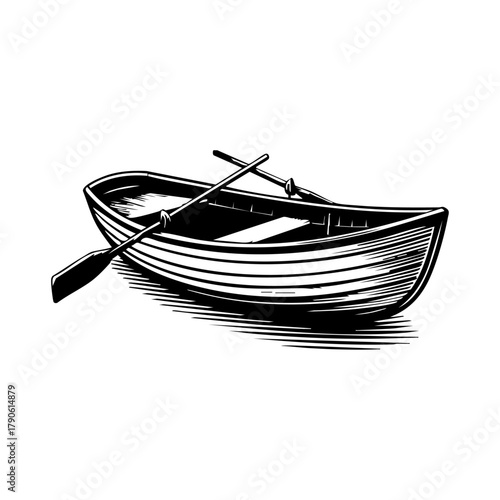 Wooden rowboat with paddles representing water transport, outdoor recreation, and peaceful lake activities.