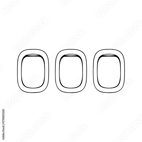 Three airplane windows viewed from inside an aircraft cabin representing travel, aviation, and flight experience.