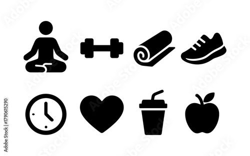 Health and fitness silhouette icons: yoga, exercise, and wellness essentials
