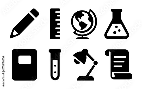 Educational black icons set with pencil, globe, chemistry flask, and lamp