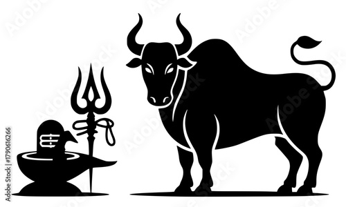 Shiva Lingam and Standing Nandi Bull Icon Vector Illustration in Black Silhouette, Hindu God Symbol with Trident (Trishul) Religious Icon