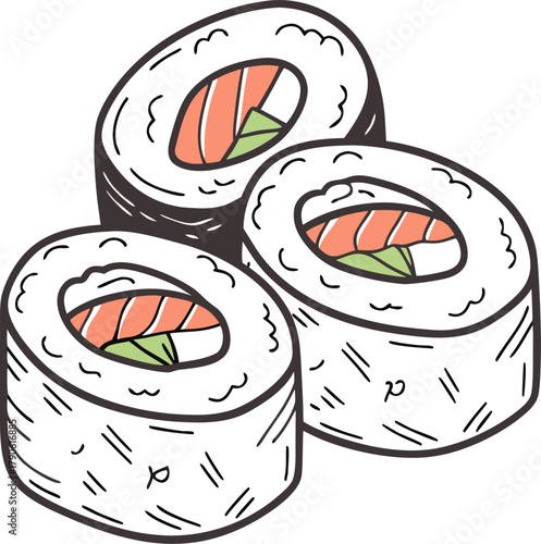colorful hand drawn sushi rolls and japanese cuisine doodle set