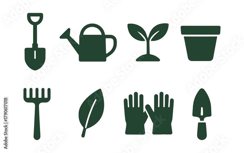 Minimalist gardening icons set: tools, plants, and essentials for outdoor lovers