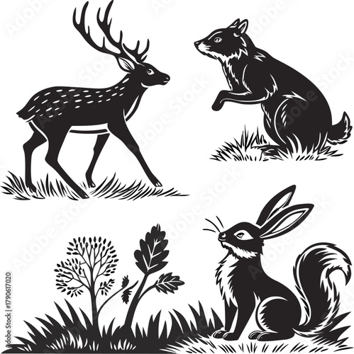 silhouette icons of woodland creatures in a hand drawn style