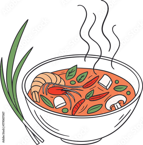 hand drawn doodle style illustration of a bowl of thai tom yum soup