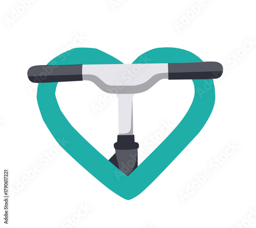 An illustration of a bicycle handlebar placed inside a teal heart shape, designed as a versatile graphic element to represent a love for cycling, eco-friendly living and healthy active lifestyles