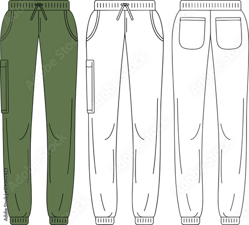 Olive green jogger pants front and back technical sketch, cargo pocket, drawstring waist, fashion design, garment construction, apparel illustration
