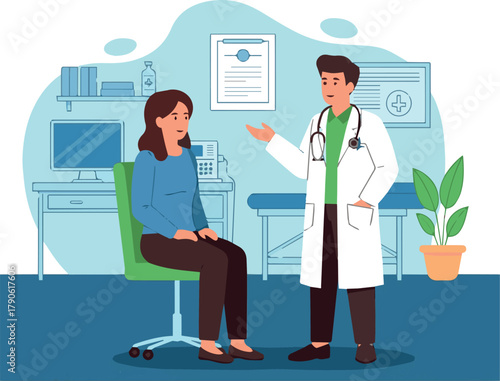 Create A Doctor talking to woman patient. Health worker examine patients health in hospital, clinic. Medical consultation, examination, checkup concept. Vector illustration on white background.