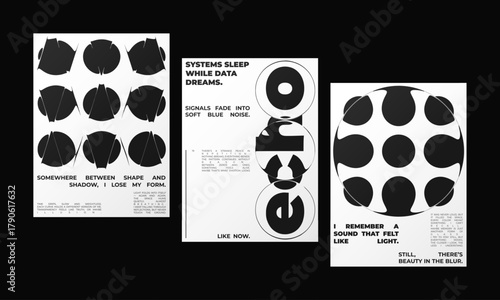 Set of Abstract posters featuring liquid glass distortion and smooth refraction effects. A futuristic composition blending typography, reflection, and optical illusion