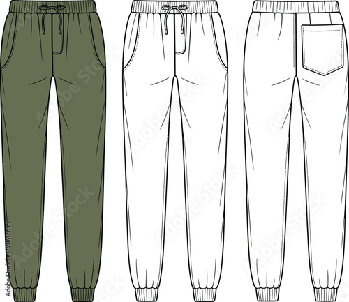 Olive green jogger pants technical sketch, front and back view, elastic waistband, drawstring, fashion design, garment construction, apparel illustration