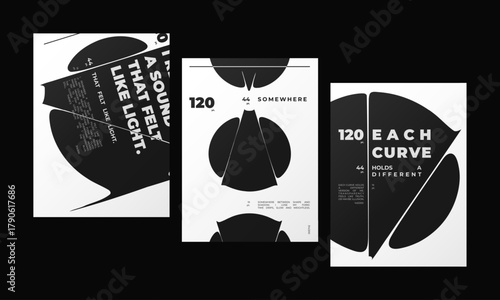 Set of Abstract posters featuring liquid glass distortion and smooth refraction effects. A futuristic composition blending typography, reflection, and optical illusion