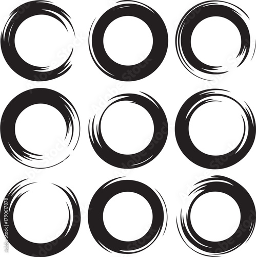 Nine black ink brush stroke circles on a white vector