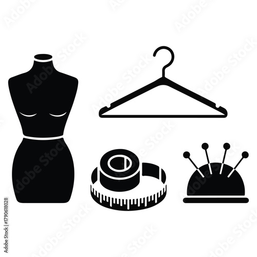 Sewing and Tailoring Tools Silhouette Keywords: sewing, tailoring, dressmaking, fashion, design