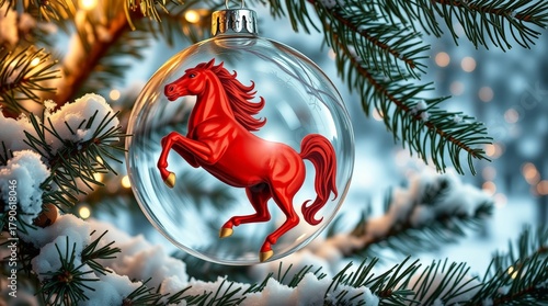 Red Horse Christmas Ornament on Snowy Pine Tree Festive Winter Holiday Decoration_7