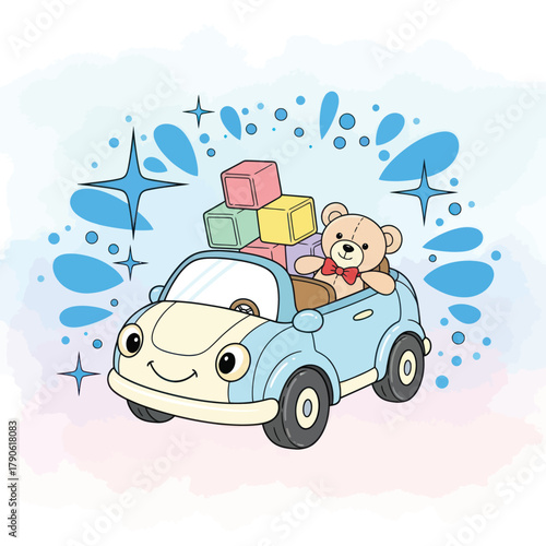 Adorable cartoon car with teddy bear and blocks bringing joy and playful adventures for children's designs and educational resources, perfect for kids
