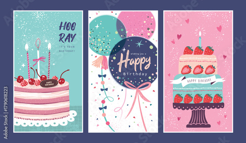 Set of lovely birthday cards design with cakes, balloons and typography design.

