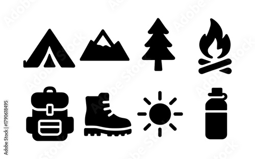 Camping adventure icons: tent, campfire, backpack, and more in bold silhouette style