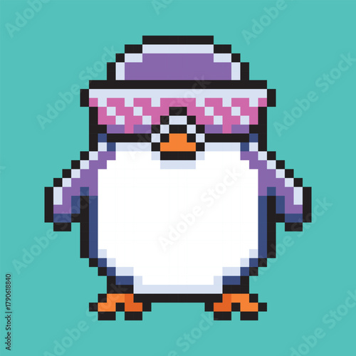 Cool penguin wearing stylish sunglasses in retro pixel art. A perfect symbol for summer vacation, cool attitudes, and arctic wildlife with a twist