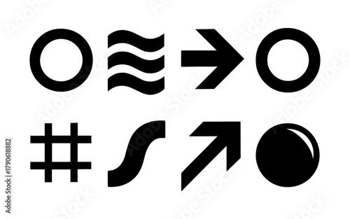 Minimalist icons set featuring geometric shapes and arrows in black and white