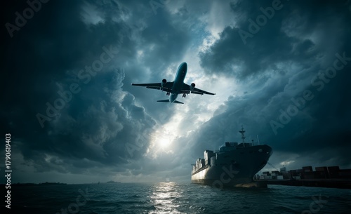 Large airplane is flying over a body of water with a large ship in the background. The sky is dark and cloudy
