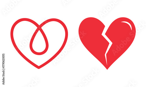 Red heart icon vs broken heart icon, love relationship and heartbreak contrast graphic