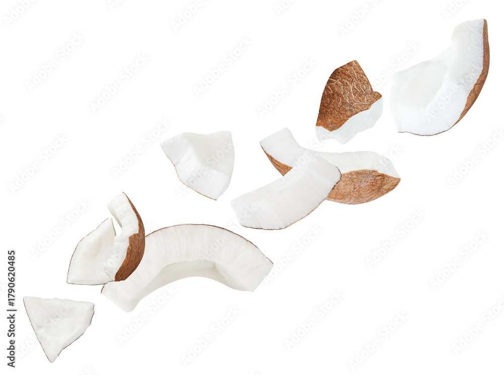 Fototapeta premium Levitating coconut pieces isolated on white background. High Quality Flying Broken coconut chunks. Coco nut explosion. Top view. Flat lay.