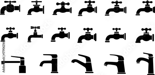 Set of black faucet silhouettes vector. Clean plumbing and household concept for icons, signage, and industrial utility design.
