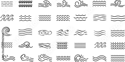 Set of abstract wave line symbols vector. Minimal blue aquatic elements for water, sea, flow, and fluid motion design themes.