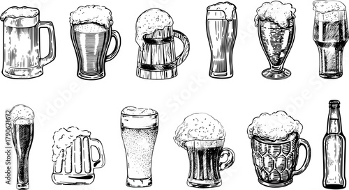Vintage hand-drawn beer glass vector set. Detailed sketch illustration of pints, mugs, and bottles for brewery, bar, and celebration design.