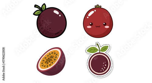 A vibrant collection of cute and colorful cartoon passion fruit illustrations, featuring whole fruits and a cross-section with seeds, perfect for healthy eating and tropical themes