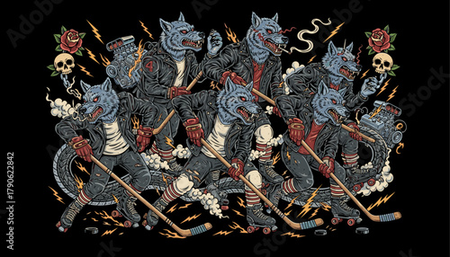 Wolf pack team playing roller hockey with leather jackets and vintage rock style illustration
