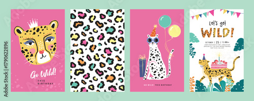 Set of birthday greeting cards with leopards, cake and leopard's pattern texture.


