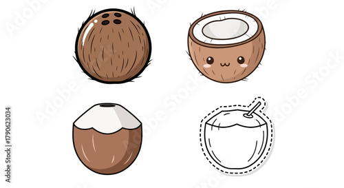 Collection of cute coconut icons whole, halved, and ready-to-drink, perfect for tropical and healthy lifestyle designs