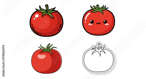 Cute cartoon tomato illustrations, featuring different styles and expressions