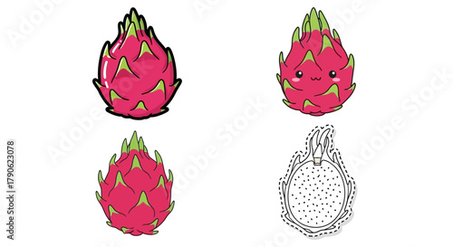 Set of cute and artistic illustrations of dragon fruits, including whole fruits and a cut slice, in a clean white background