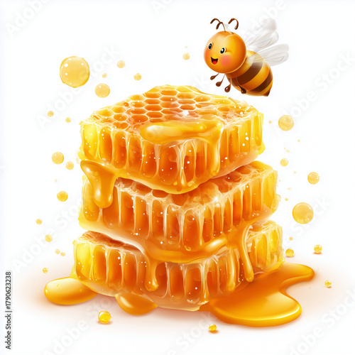 Golden Honeycomb and Animated Bee: An inviting tower of fresh honeycombs, dripping with golden honey, is set against a vibrant setting with a friendly animated bee.