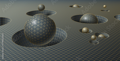 Retro-futuristic 80s grid landscape with geometric spheres in polygonal holes, vintage synthwave and science fiction art