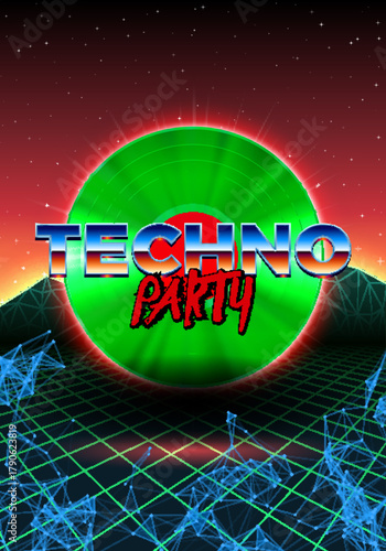 80s party poster with orange background and green vinyl lp for techno retro rave