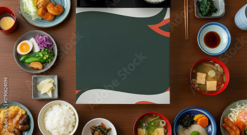 A variety of traditional Japanese dishes arranged on a wooden table with a blank menu in the center