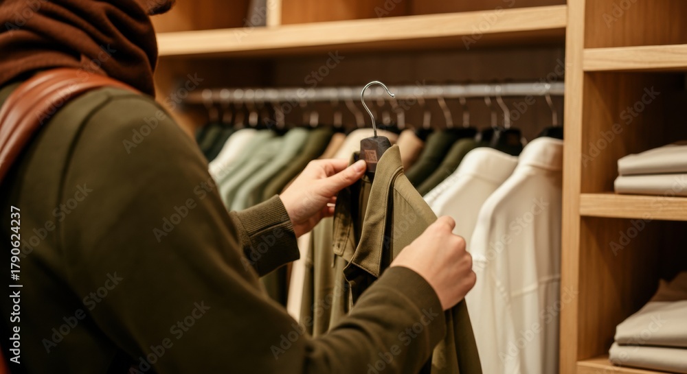 Naklejka premium Woman shopping for clothing in a store with wooden shelves and hanging garments