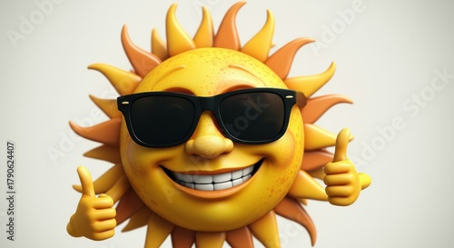 A smiling sun character wearing black sunglasses giving a thumbs-up gesture