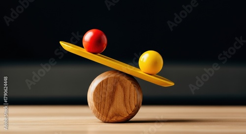 Balance scale with red and yellow balls on a wooden platform against a dark background