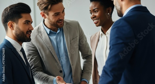 Business professionals engaging in a friendly handshake during a meeting or networking event