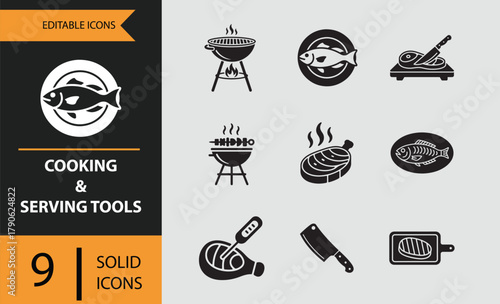 Set of nine solid cooking and serving utensil icons