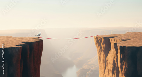 A person crossing a bridge between two cliffs over a foggy canyon scene