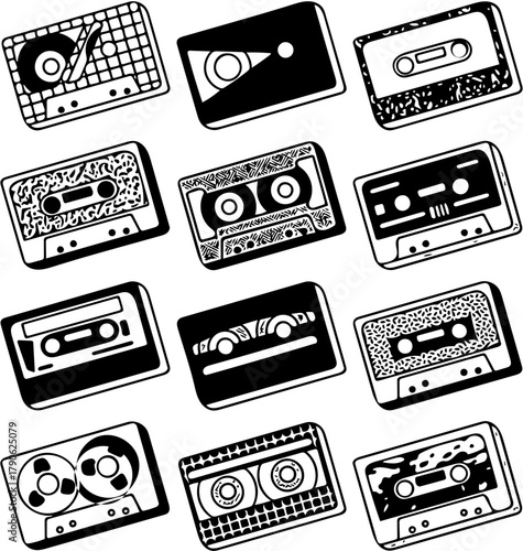 Set of twelve different retro audio cassette tape icons, a symbol of vintage music, nostalgia, and the 80s