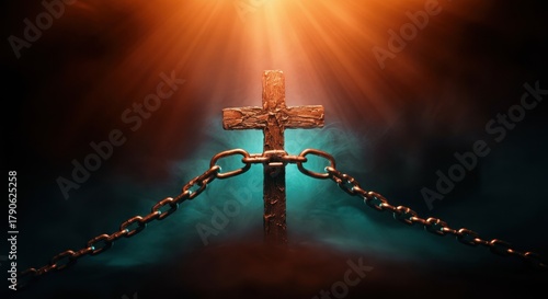A weathered wooden cross illuminated by radiant sunlight breaking through dark clouds