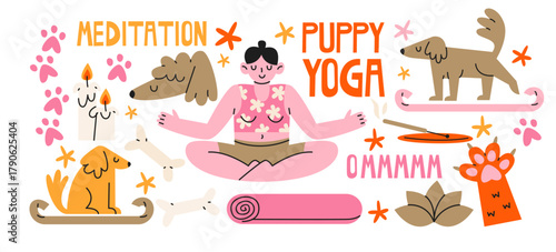 Puppy yoga and meditation stickers in retro cartoon style.Collection with meditating woman, dogs on yoga mats, rolled mat, paw print.Trendy illustration about stretching, yoga and activities with pets