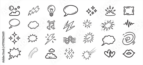 Hand Drawn Comic Expression Icons Set – Minimal Line Art Manga Doodles with Speech Bubbles, Swirls, Sound Effects, and Cartoon Emotions for Media and Animation Design